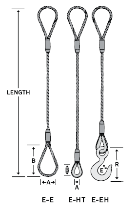 E-E, E-HT, and E-EH wire rope sling dimensions