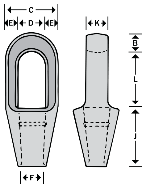Closed spelter socket dimensions B, C, D, E, F, J, K, and L