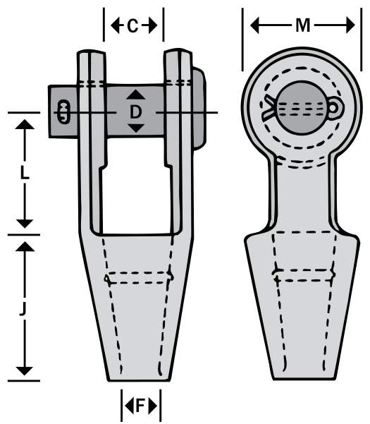 Open spelter socket dimensions C, D, F, J, L, and M