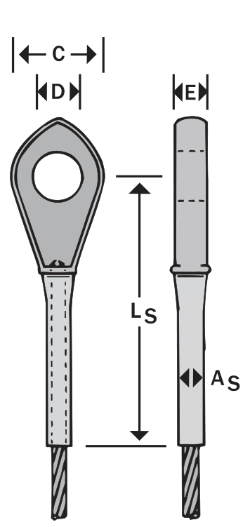Closed swaged socket dimensions C, D, E, As, and Ls