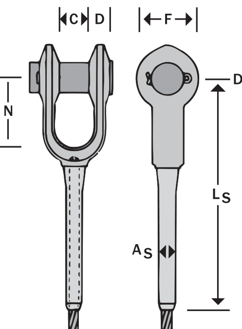 Open swaged socket dimensions C, D, E, F, N, As, and Ls